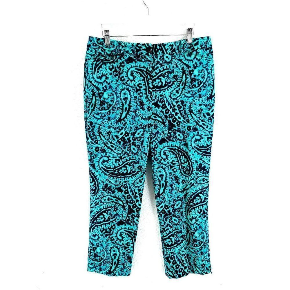 Jones New York Signature Stretch Green Blue Paisley High Rise Capri Pants 12 33/